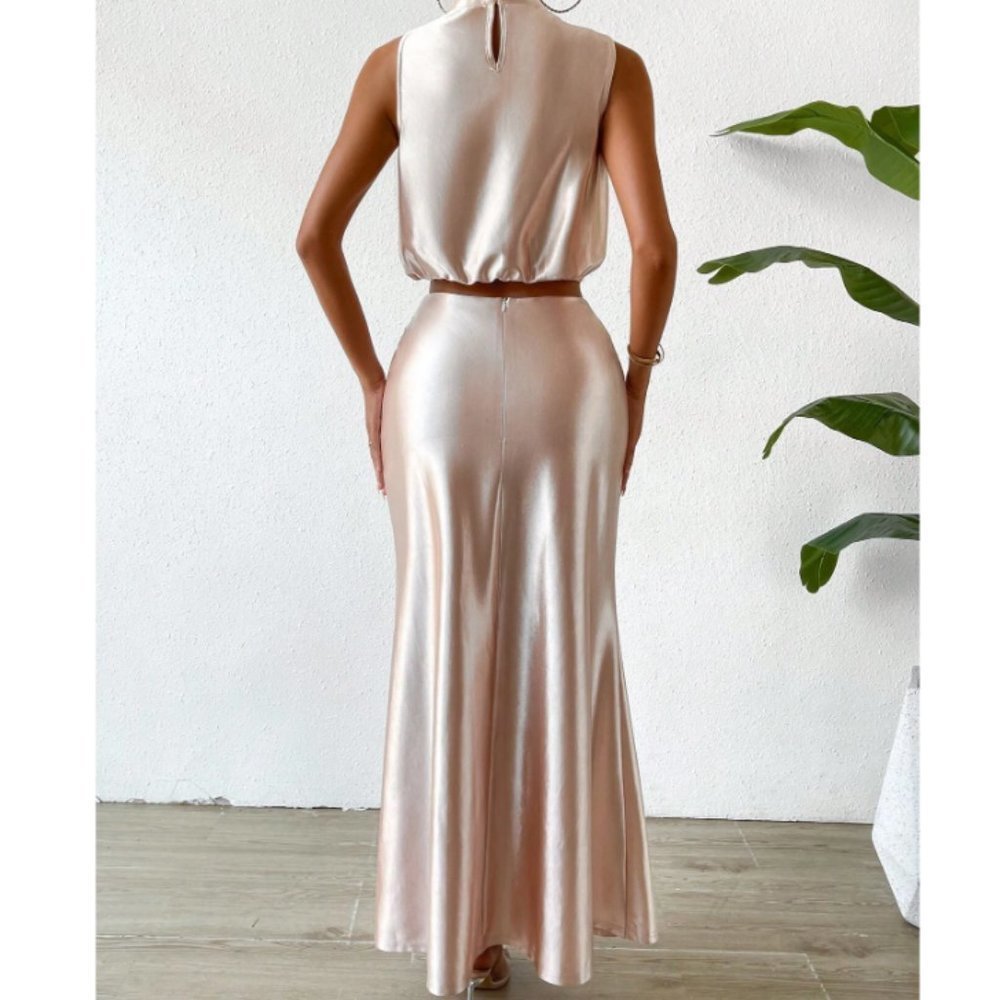 Apricot Elegant Womens Solid Satin Draped Front Blouse & Skirt - Picture 3 of 4